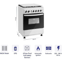 Super General Freestanding Gas - Cooker 4 - Burner Full-Safety, Stainless-Steel Cooker, Gas Oven With Rotisserie, Automatic Ignition, Silver Colour