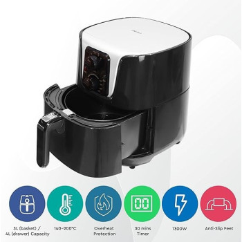 Nobel Air Fryer 3L Basket And 4L Drawer With Detachable Non-Stick Drawer And Frying Basket With Led Light, Auto Shut Off Feature And Plastic Body With Stainless Steel 1300W NAF4000, Black Colour