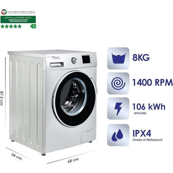 Super General 8 KG Front Loading Washing Machine SGW - 8400 -Crms, 1400 RPM Washer, Energy-Efficient Front-Loader, Silver Colour