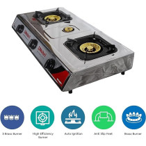 Nobel 3 Gas Burner / 3 Brass Burners Gas Stove Cold Steel Paint Finish Look And Piezo Ignition, With 90Mm Single Burner, 40MM Single Burner, 90MM Double Brass Cover
