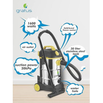 Gratus Wet / Dry / Blow 1600W Canister Vacuum Cleaner With 2000W Power Socket, High Power Motor, Stainless Steel Body, 30LTR SS Tank, Multi Filtration