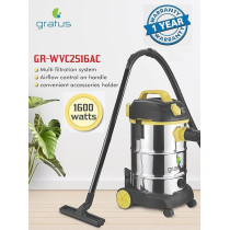 Gratus Wet / Dry / Blow 1600W Canister Vacuum Cleaner With 2000W Power Socket, High Power Motor, Stainless Steel Body, 30LTR SS Tank, Multi Filtration