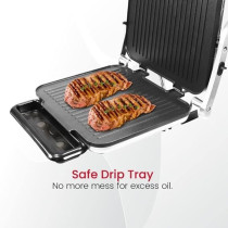 Nobel Portable Grill And Panini Maker Contact Grill 2000W Fixed Temperature Control Barbeque Grill Plate Ready Light Power Indicator NCG100, Silver Colour