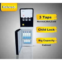 Haiwoo Water Dispenser 3 Tap Hot / Normal / Cold, Refrigerant R134A, Compresser Cooling With Cabinet, White Colour