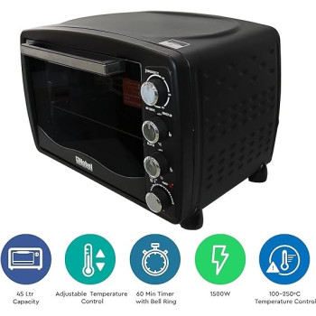 Nobel 45 Litre Electric Ovenwith 4 Knob Control, 60 Minutes Timer With Bell, Rotisserie And Inner Lamp Stainless Steel Handle, Heat Resistant Tempered Glass, Black Colour
