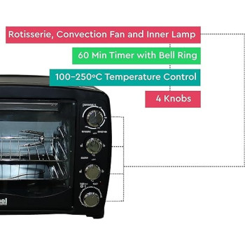 Nobel 45 Litre Electric Ovenwith 4 Knob Control, 60 Minutes Timer With Bell, Rotisserie And Inner Lamp Stainless Steel Handle, Heat Resistant Tempered Glass, Black Colour