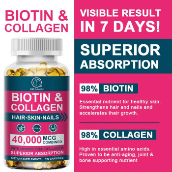 Biotin & Collagen Vitamins Supplement for Hair, Skin and Nails - 120 Softgel Capsules 