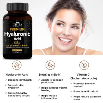 Hyaluronic Acid With Vitamin C and Biotin - Antioxidant Dietary Supplement for Skin, Face and Joint Support - 60 Tablets