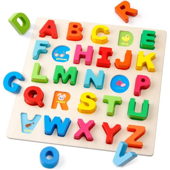 Wooden Alphabet Abc Chunky Puzzle Board With Animal Base Design 29.5 x 29.5 x 1.3Centimeter