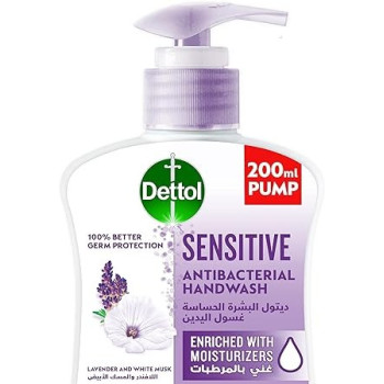 Dettol Sensitive Handwash Liquid Soap Pump Lavender And White Musk Fragrance 200 ml
