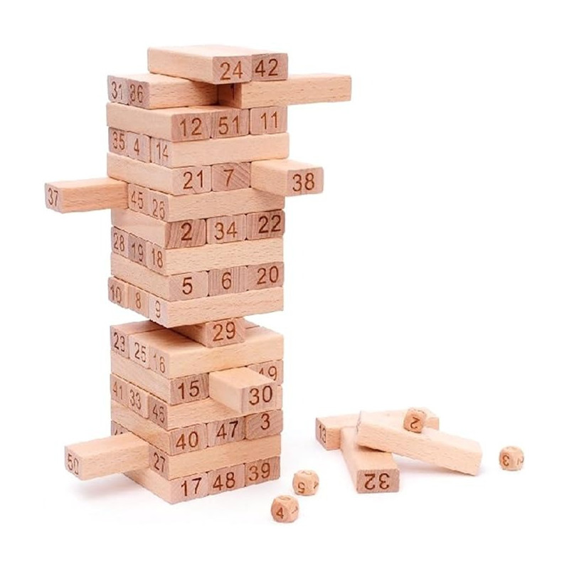 51-Piece Wooden Beech Building Block Set Stacking Board Game Shape And Number Recognition Educational Toy For Kids