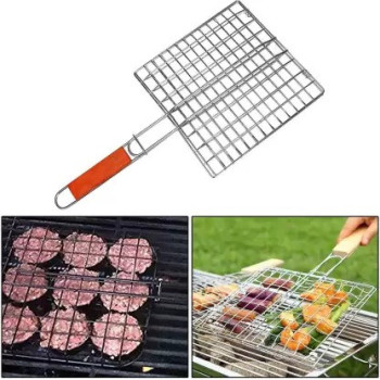 Bbq Grill With Wooden Handle, Silver/Brown, 17.4x.2 x 0.3 cm