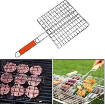 Bbq Grill With Wooden Handle, Silver/Brown, 17.4x.2 x 0.3 cm