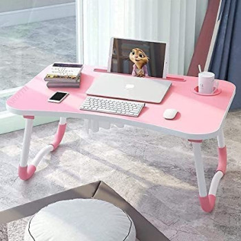 Foldable Laptop Table Withcup Holder, Pink/White