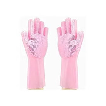 Magic Reusable Silicone Gloves With Wash Scrubber Dishwashing Gloves Pink Colour