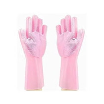 Magic Reusable Silicone Gloves With Wash Scrubber Dishwashing Gloves Pink Colour