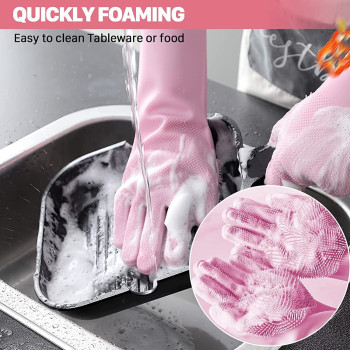 Magic Reusable Silicone Gloves With Wash Scrubber Dishwashing Gloves Pink Colour