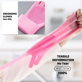 Magic Reusable Silicone Gloves With Wash Scrubber Dishwashing Gloves Pink Colour