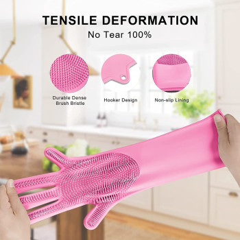 Magic Reusable Silicone Gloves With Wash Scrubber Dishwashing Gloves Pink Colour