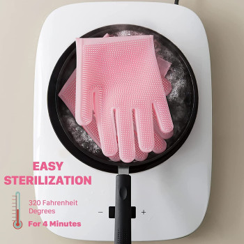 Magic Reusable Silicone Gloves With Wash Scrubber Dishwashing Gloves Pink Colour