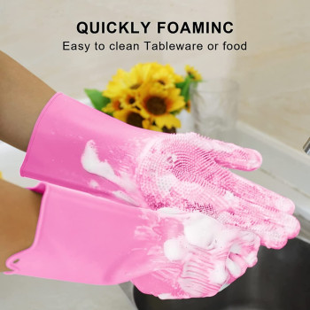 Magic Reusable Silicone Gloves With Wash Scrubber Dishwashing Gloves Pink Colour