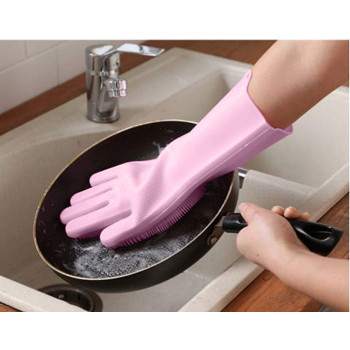 Magic Reusable Silicone Gloves With Wash Scrubber Dishwashing Gloves Pink Colour