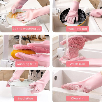 Magic Reusable Silicone Gloves With Wash Scrubber Dishwashing Gloves Pink Colour
