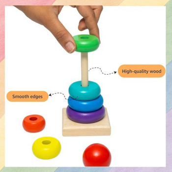 Fashionhome Wood Rainbow Tower Stacking Stack Ring Toy For Kids