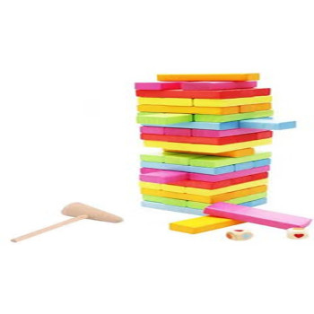 54-Piece Colored Wooden Building Block Dice Jenga With Hammer Learning Game Set For Kids