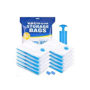 10 Pack Reusable Vacuum Storage Bags With Travel Hand Pump White/Blue 70 x 50cm