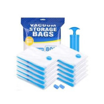 10 Pack Reusable Vacuum Storage Bags With Travel Hand Pump White/Blue 70 x 50cm