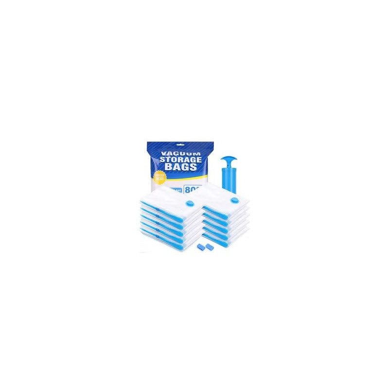 10 Pack Reusable Vacuum Storage Bags With Travel Hand Pump White/Blue 70 x 50cm