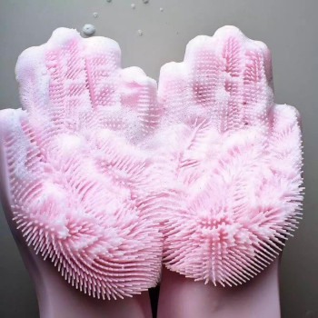 Inew Magic Silicone Gloves With Wash Scrubber Pink 35.7 x 16.5Centimeter