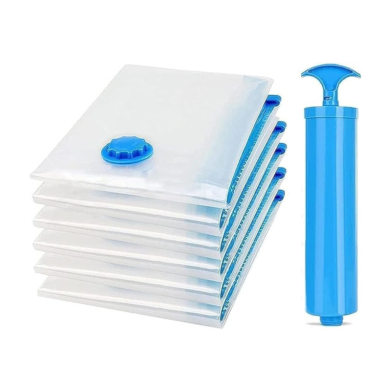 7-Piece Vacuum Reusable Sealer Storage Bag With Suction Pump Clear/Blue 70 x 100Centimeter