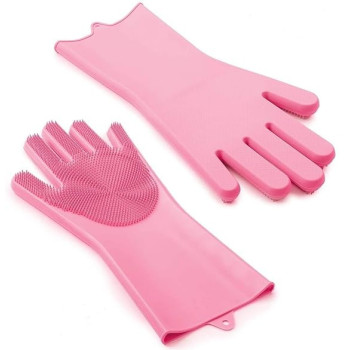 Magic Reuseable Silicone Gloves With Wash Scrubber Kitchen Gloves Pink Colour