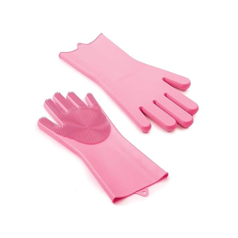 Magic Reuseable Silicone Gloves With Wash Scrubber Kitchen Gloves Pink Colour