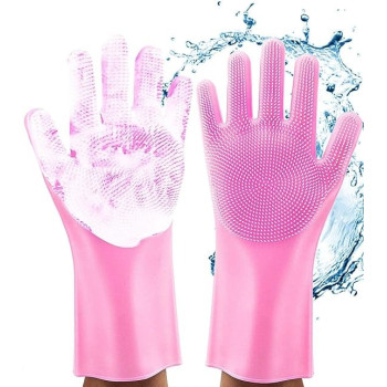 Magic Reuseable Silicone Gloves With Wash Scrubber Kitchen Gloves Pink Colour