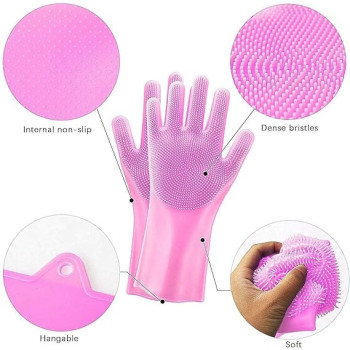 Magic Reuseable Silicone Gloves With Wash Scrubber Kitchen Gloves Pink Colour