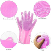 Magic Reuseable Silicone Gloves With Wash Scrubber Kitchen Gloves Pink Colour