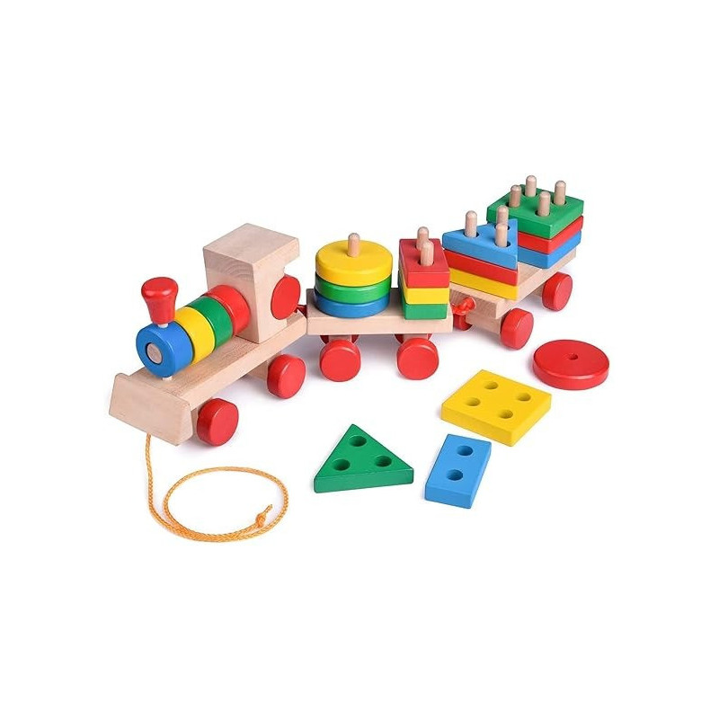 Alostoura Colorful Classic Train Shaped Wooden Geometric Shape Sorter Play Set For Kids 41 x 12.7 x 7Centimeter