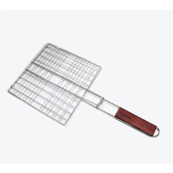 Bbq Grill Basket With Wood Handle Silver 28 x 28Centimeter