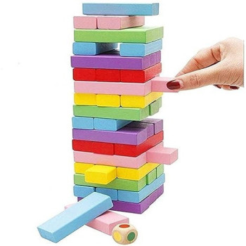 Sharpdo 48-Piece Wooden Coloured Tumbling Tower Toys With Dices 10 x 10 x 10cm