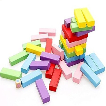 Sharpdo 48-Piece Wooden Coloured Tumbling Tower Toys With Dices 10 x 10 x 10cm