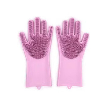 Zhengai 1 Pair Magic Silicone Gloves With Wash Scrubber, Reusable Brush Heat Resistant Gloves Pink Colour