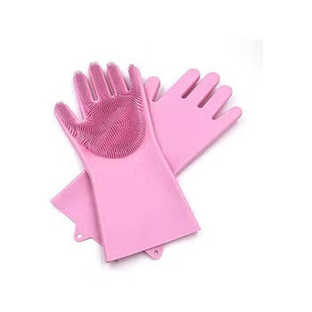 Zhengai 1 Pair Magic Silicone Gloves With Wash Scrubber, Reusable Brush Heat Resistant Gloves Pink Colour