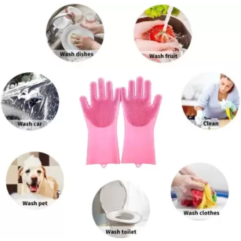 Zhengai 1 Pair Magic Silicone Gloves With Wash Scrubber, Reusable Brush Heat Resistant Gloves Pink Colour