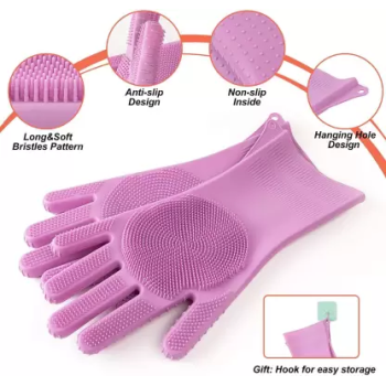 Zhengai 1 Pair Magic Silicone Gloves With Wash Scrubber, Reusable Brush Heat Resistant Gloves Pink Colour