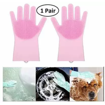 Zhengai 1 Pair Magic Silicone Gloves With Wash Scrubber, Reusable Brush Heat Resistant Gloves Pink Colour
