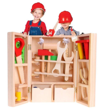 Tool Box Wooden Puzzle Set, Pretend Play Portable Construction Tools Kit Toys For Kids