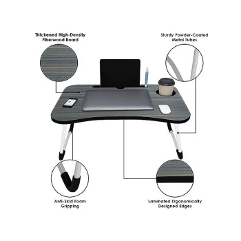 Folding Bed Laptop Table Tray Lap Desk Notebook Stand With Ipad Holder Cup Slot Adjustable Anti Slip Legs Black/SilverColour, 35 x 40 x 60cm